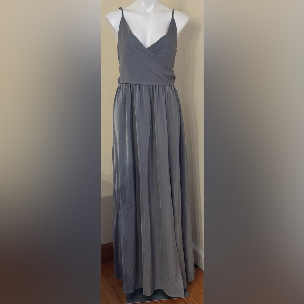 SHOWPO. NWT Charcoal Satin Deep V Neck Wrap Front Maxi Evening Gown Dress Sz 10